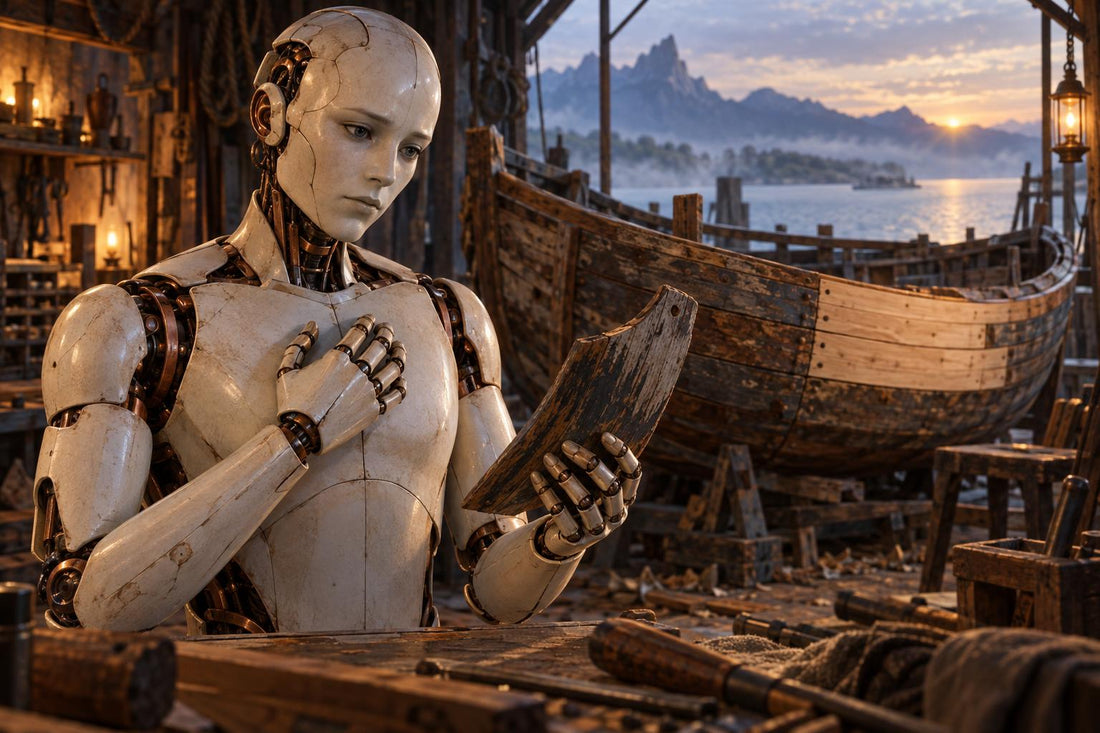 Een mensachtige robot met een gebarsten, ivoorwitte buitenkant en zichtbare koperkleurige metalen onderdelen houdt één hand op de borst en bekijkt een verweerde houten plank in de andere hand.