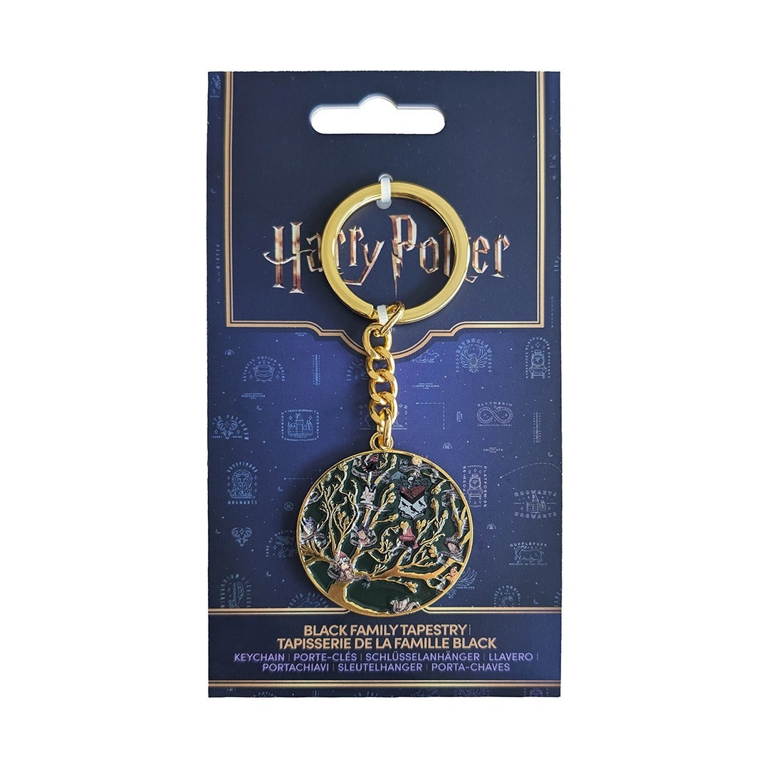 De Black Family Tapestry-sleutelhanger in de blauwe Harry Potter-verpakking.
