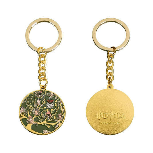 Goudkleurige Harry Potter-sleutelhanger met ronde hanger: voorkant met de stamboom van de familie Black in groen emaille, achterkant met het Harry Potter-logo.