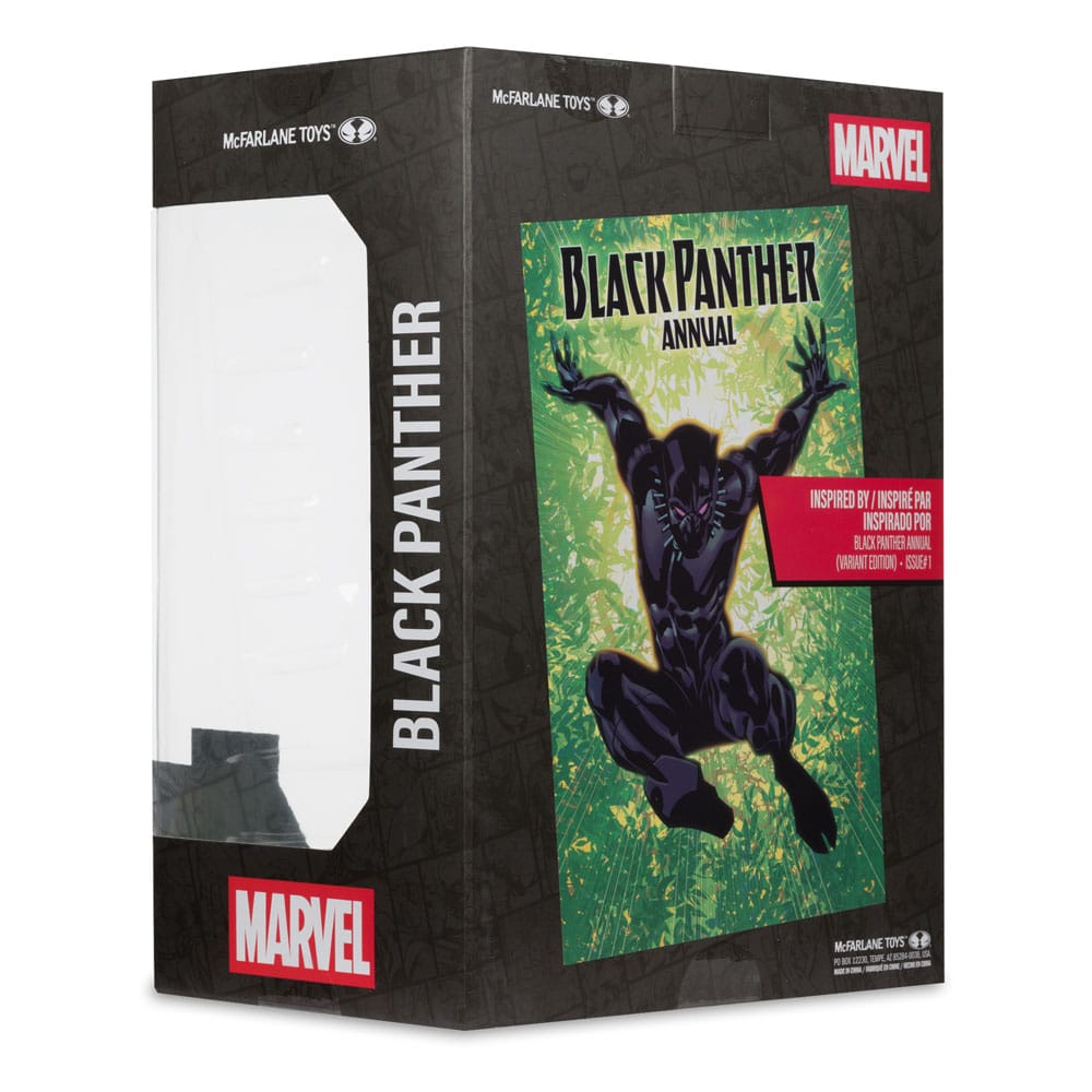Zwarte kartonnen Black Panther-doos met transparant venster en rode Marvel-logo’s, op een witte achtergrond. De zijkant toont Black Panther in zwart-paars pak, met gebogen knieën en geheven armen tegen een groengele achtergrond.