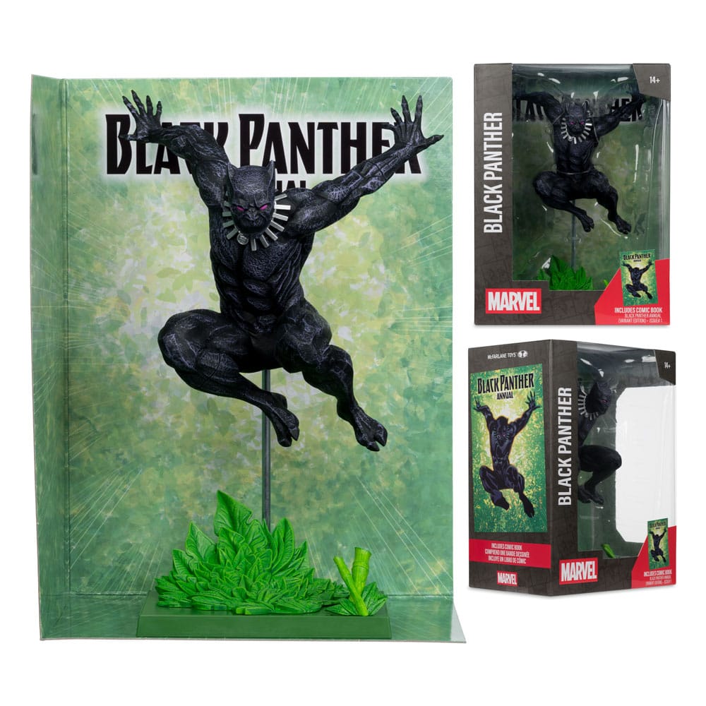 Zwart Black Panther-beeld met paarse ogen en zilverkleurige halsketting, springend met gespreide armen en gebogen benen boven een groene bladerbasis. Groene stripachtergrond; rechts twee aanzichten van de zwart-rode vensterdoos op wit.
