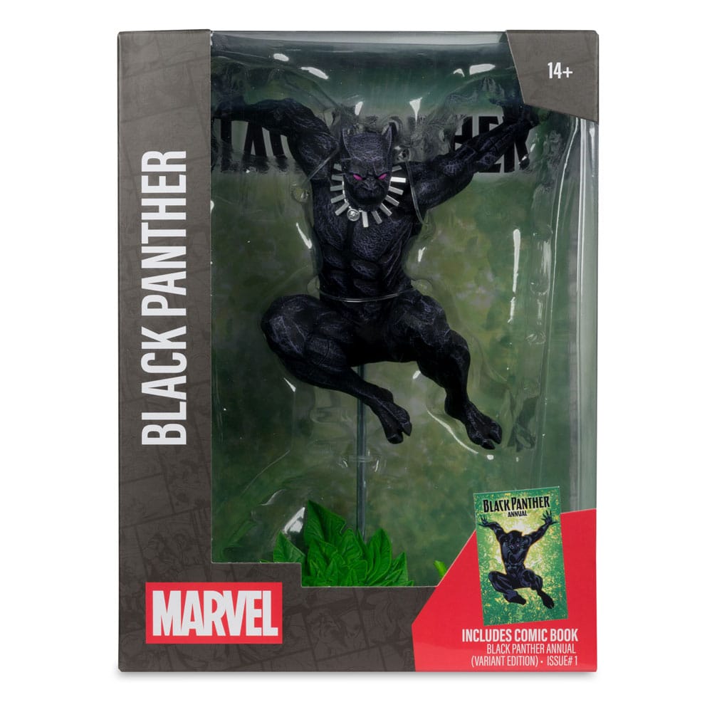 Black Panther-beeldje in zwart pak met paarse ogen en zilverkleurige halsketting, in springhouding met gespreide armen boven groen blad. In een grijs-rode kartonnen doos met doorzichtig kunststof venster, tegen een witte achtergrond.