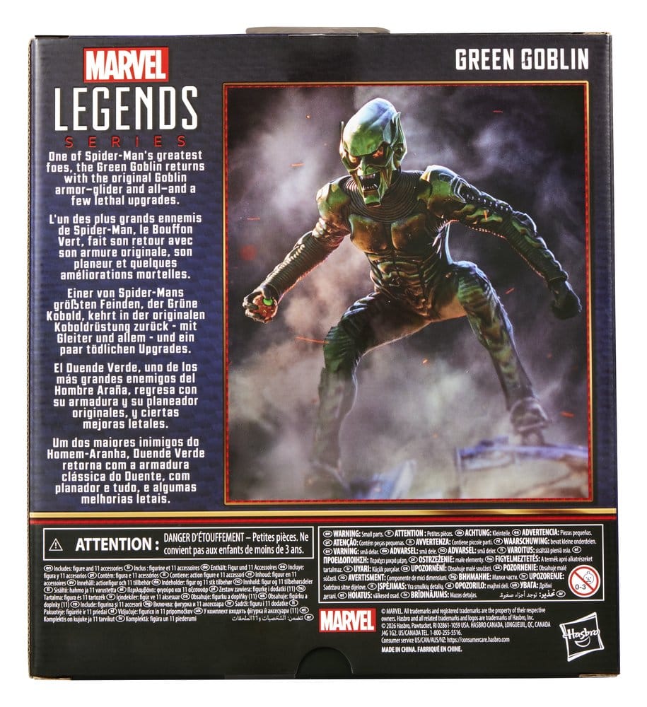 Achterkant van een zwarte kartonnen Marvel Legends-doos op een witte achtergrond. De doos toont Green Goblin in groen, metaalglanzend pantser, met gebogen knieën op zijn zweefplatform tegen rook; links staan witte teksten.