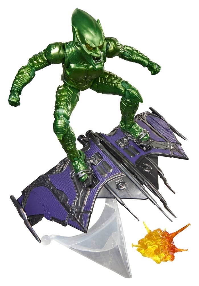Kunststof Green Goblin-actiefiguur in glanzend groen pantser, gehurkt met gespreide armen op een paars-zwarte zweefplank. Op een transparante standaard tegen een witte achtergrond, met rechtsonder een geel-oranje explosie-effect.